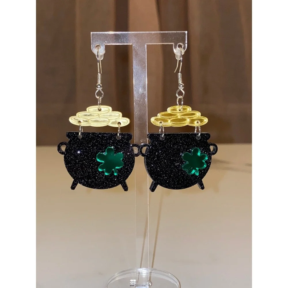 New Pot Gold Green Clover St Patricks Day Irish Dangle Earrings Shamrock Lucky